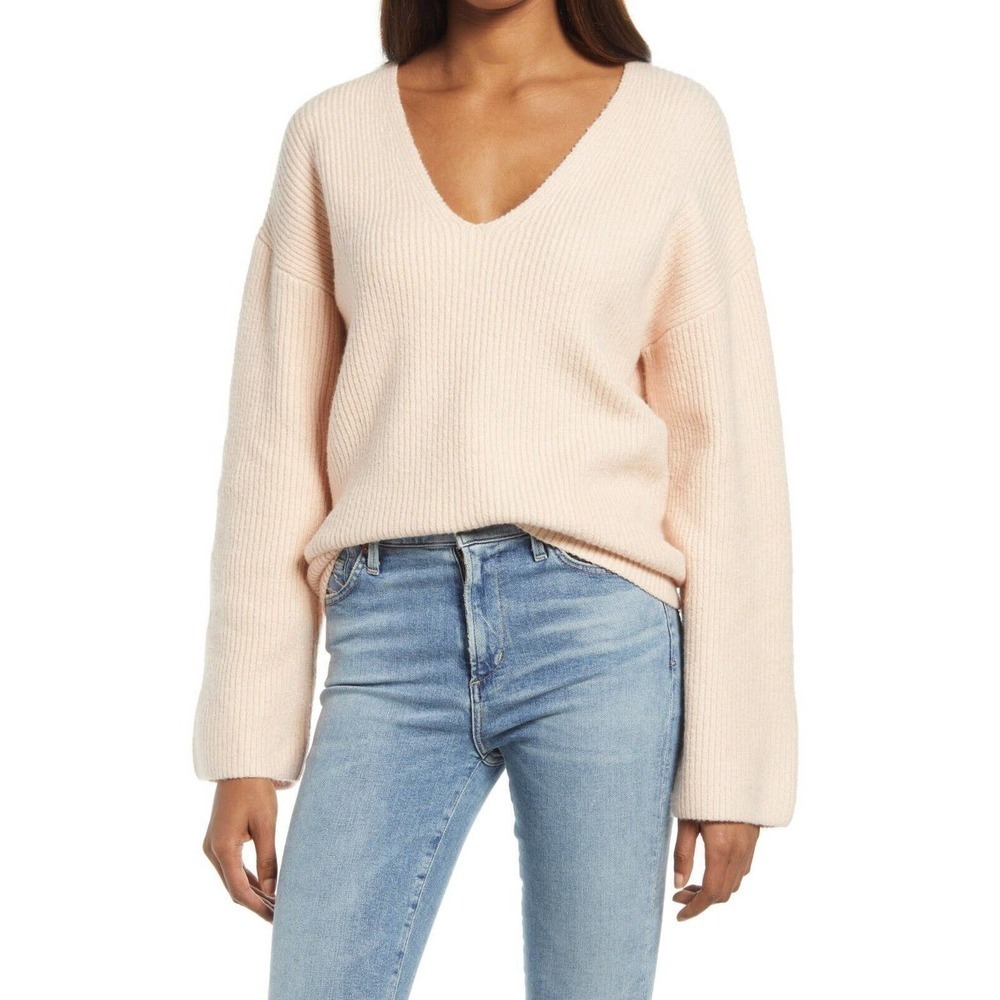 Nordstrom Treasure & Bond Women's V-Neck Ribbed Stitch Sweater Pullover Beige S